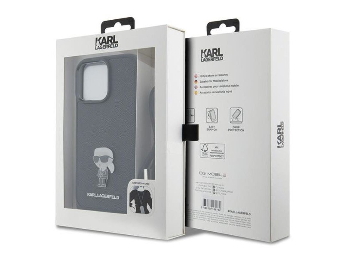 Bolsa transversal Karl Lagerfeld em couro Saffiano com monograma e broche metálico. Capa Karl & Chou