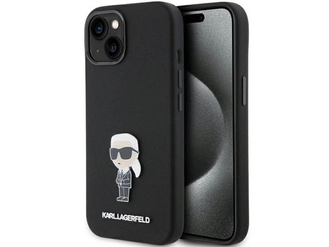 Funda de silicona Karl Lagerfeld Ikonik con pin metálico para iPhone 15 - negra