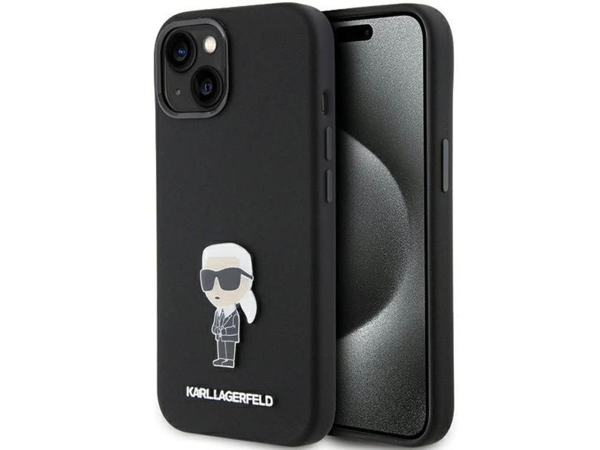 Funda de silicona Karl Lagerfeld Ikonik con pin metálico para iPhone 15 - negra