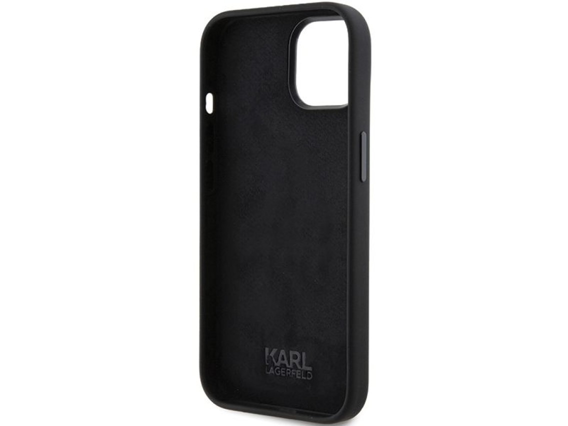 Funda de silicona Karl Lagerfeld Ikonik con pin metálico para iPhone 15 - negra