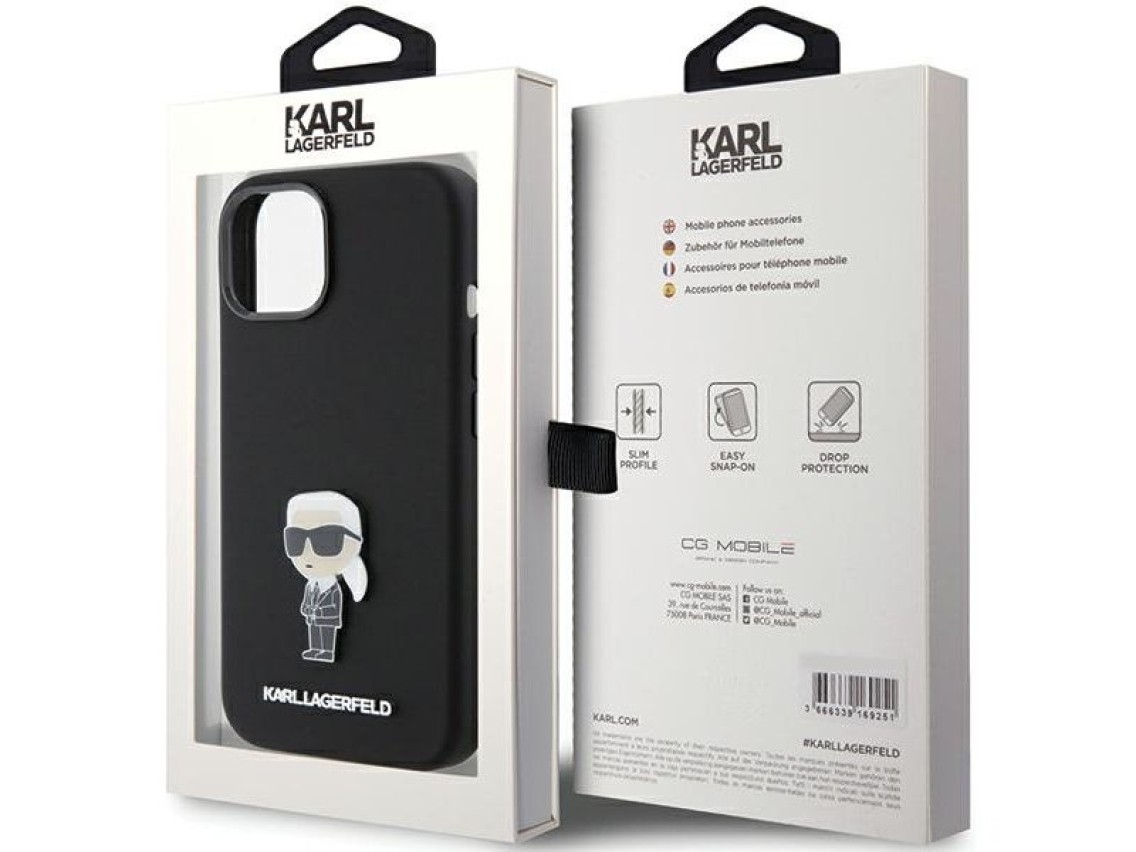 Funda de silicona Karl Lagerfeld Ikonik con pin metálico para iPhone 15 - negra