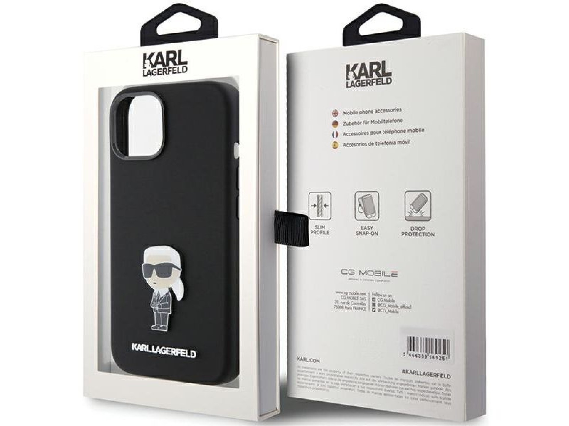 Funda de silicona Karl Lagerfeld Ikonik con pin metálico para iPhone 15 - negra