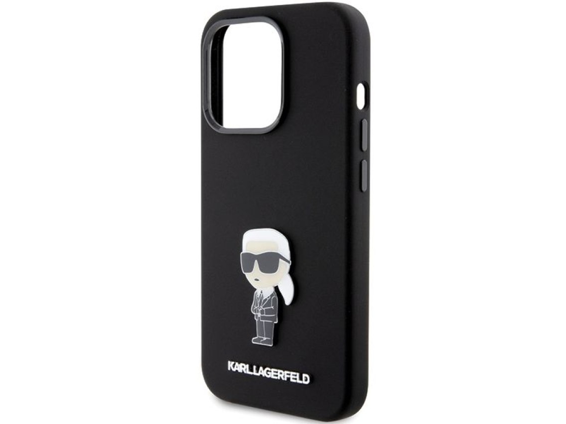 Capa Karl Lagerfeld Ikonik Metal Pin em silicone para iPhone 15 Pro - preta