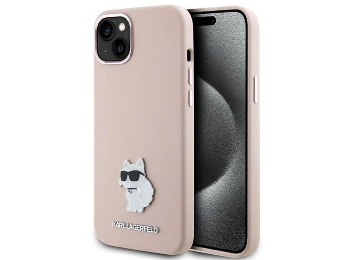 Funda de silicona Karl Lagerfeld Choupette con pin metálico para iPhone 15 Plus / 14 Plus - Rosa