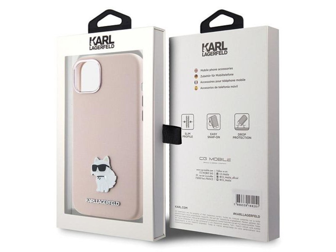 Funda de silicona Karl Lagerfeld Choupette con pin metálico para iPhone 15 Plus / 14 Plus - Rosa