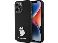 Capa de silicone Karl Lagerfeld Choupette com pino metálico para iPhone 15 Pro - preta Capa de silicone Karl Lagerfeld Choupette com pino metálico para iPhone 15 Pro - preta