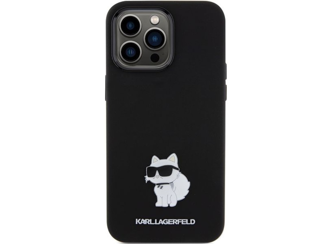 Capa de silicone Karl Lagerfeld Choupette com pino metálico para iPhone 15 Pro - preta