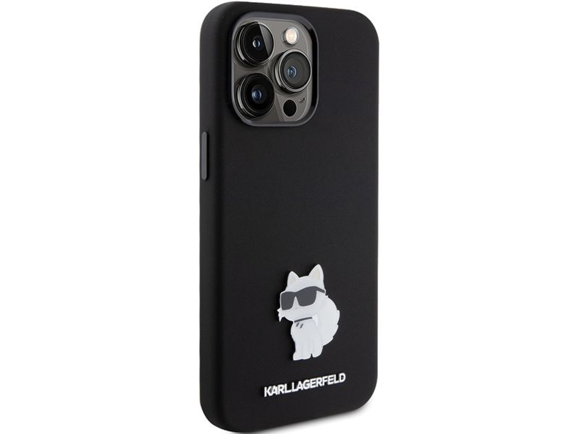 Capa de silicone Karl Lagerfeld Choupette com pino metálico para iPhone 15 Pro - preta