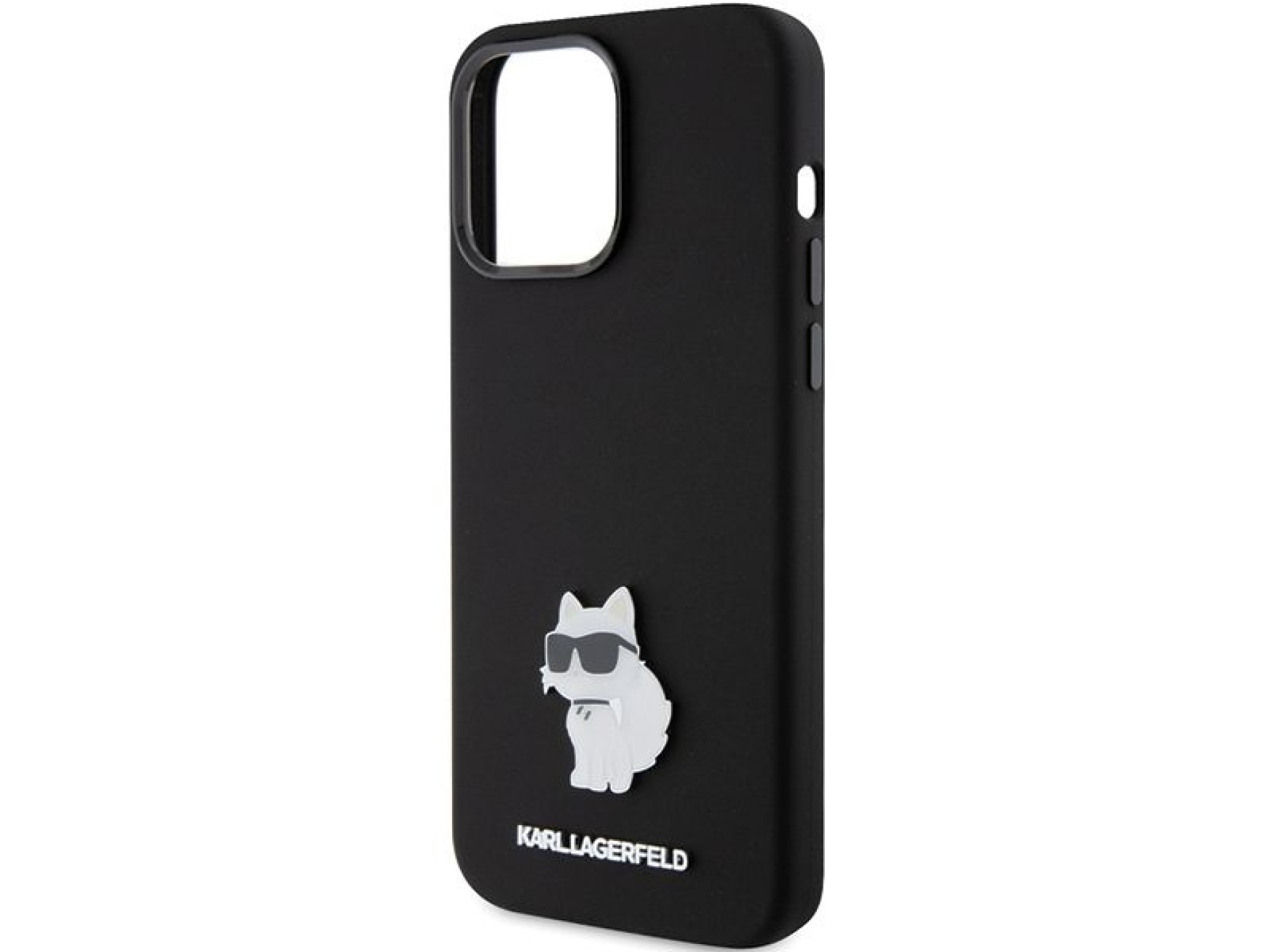 Capa de silicone Karl Lagerfeld Choupette com pino metálico para iPhone 15 Pro - preta
