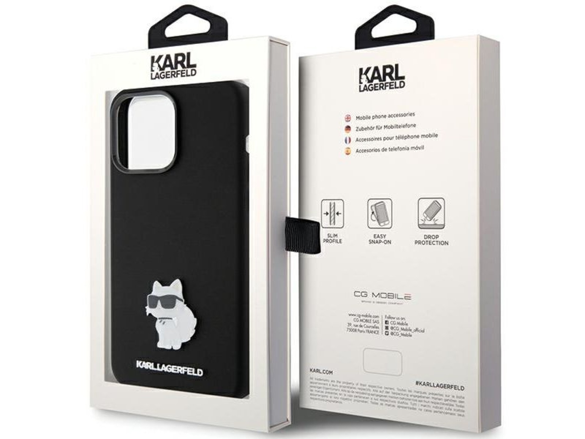 Capa de silicone Karl Lagerfeld Choupette com pino metálico para iPhone 15 Pro - preta
