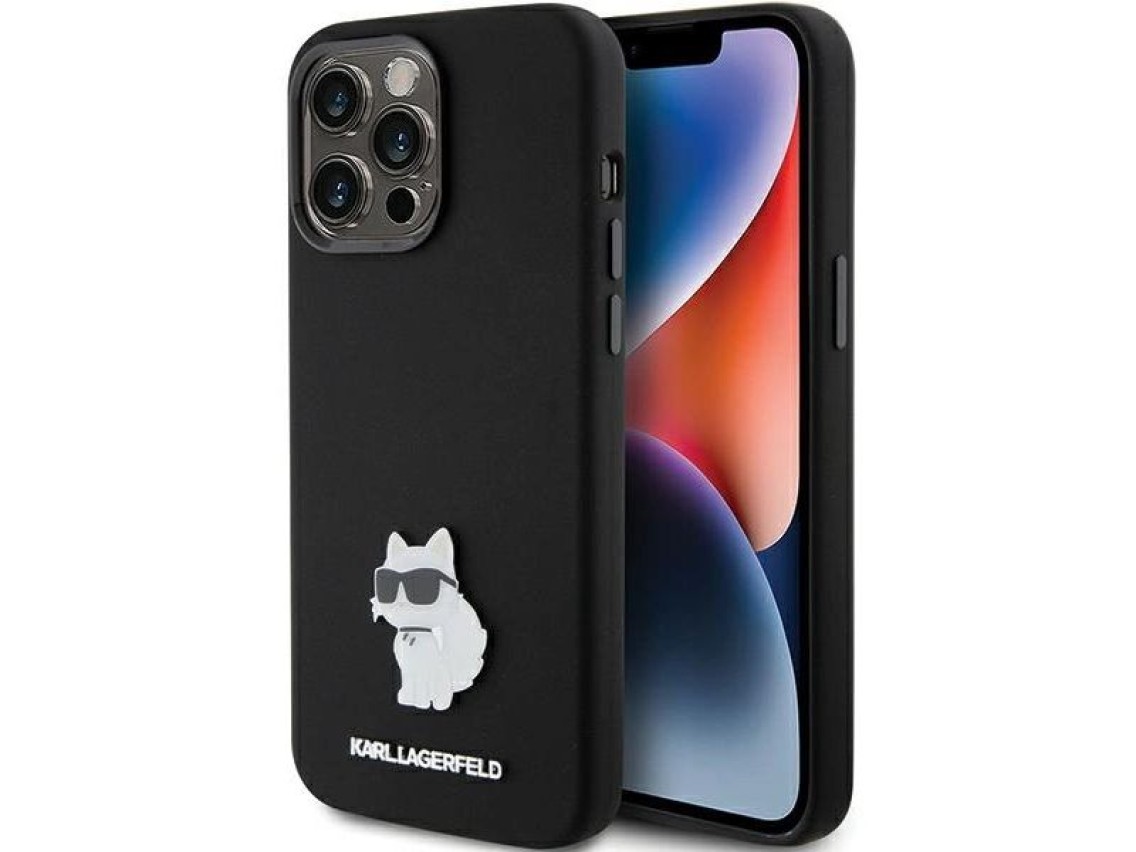 Karl Lagerfeld Silicone Choupette Metal Pin case for iPhone 15 Pro Max - black