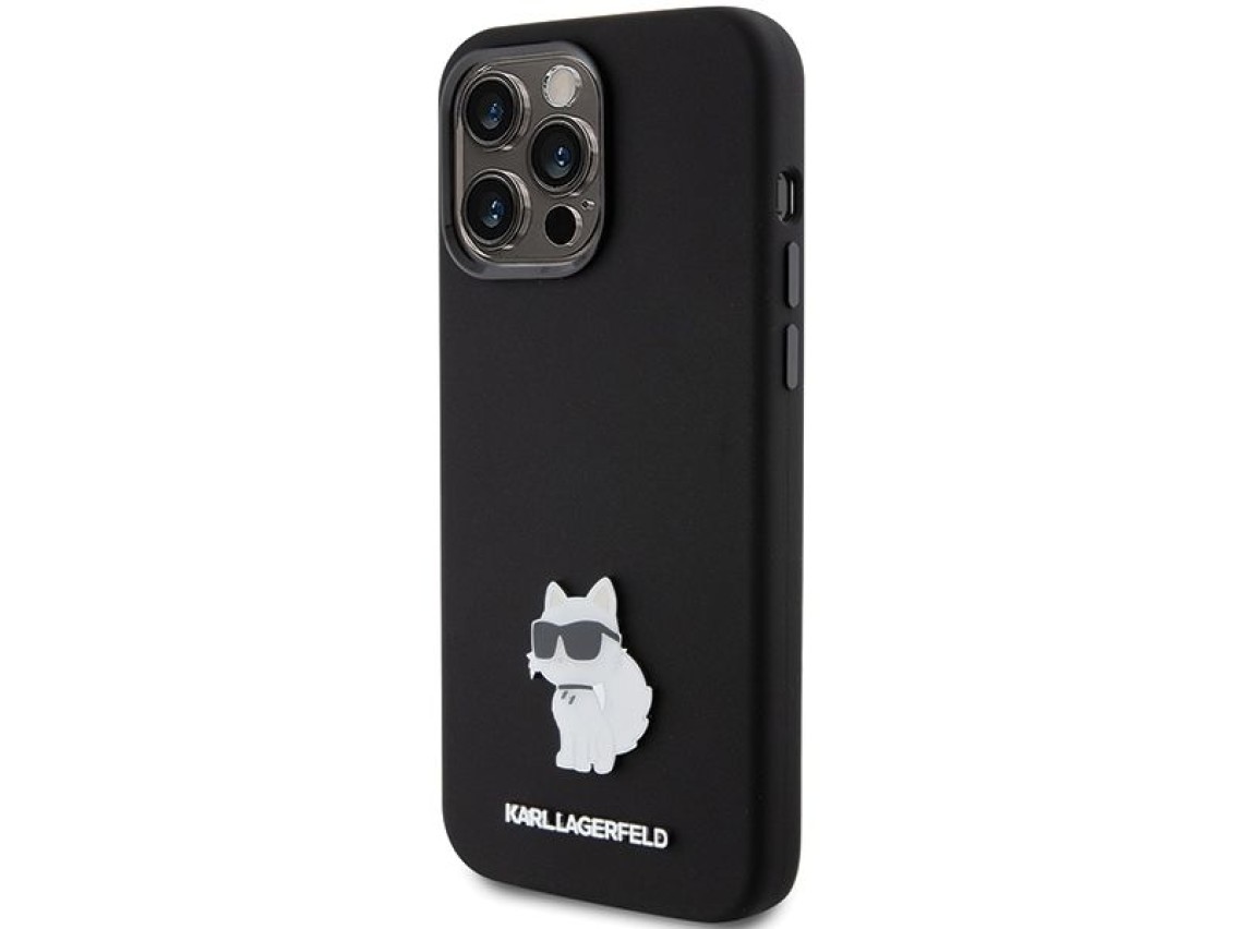Karl Lagerfeld Silicone Choupette Metal Pin case for iPhone 15 Pro Max - black