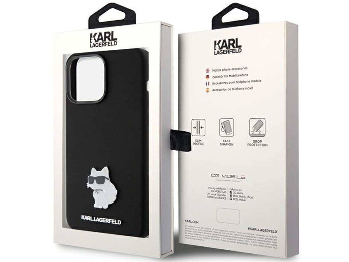 Karl Lagerfeld Silicone Choupette Metal Pin case for iPhone 15 Pro Max - black