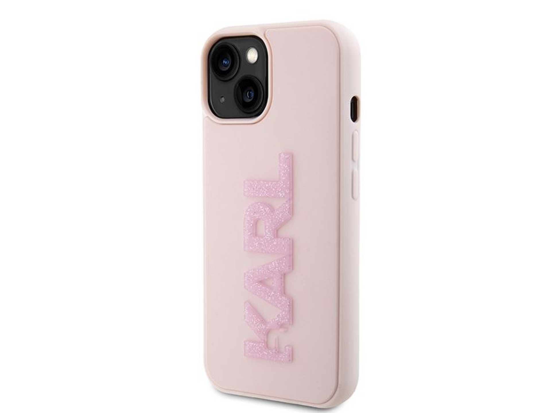Capa para iPhone 15 com o logotipo Karl Lagerfeld em 3D com glitter e borracha - rosa