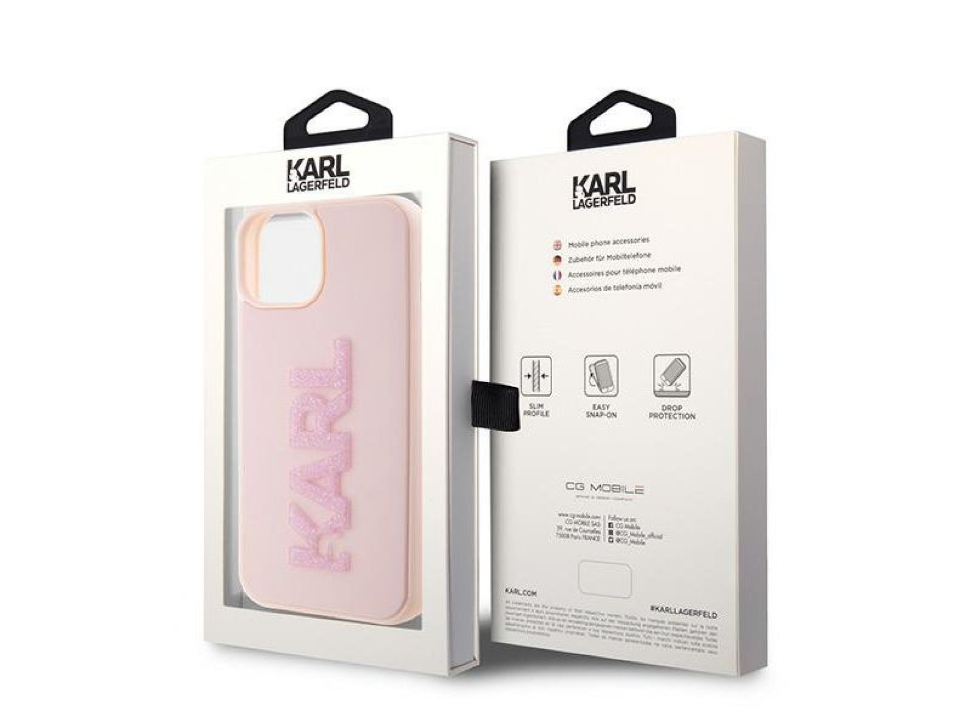Capa para iPhone 15 com o logotipo Karl Lagerfeld em 3D com glitter e borracha - rosa