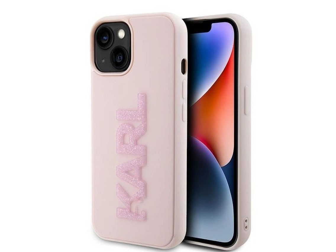 Capa para iPhone 15 Plus com logo Karl Lagerfeld em 3D com glitter - rosa