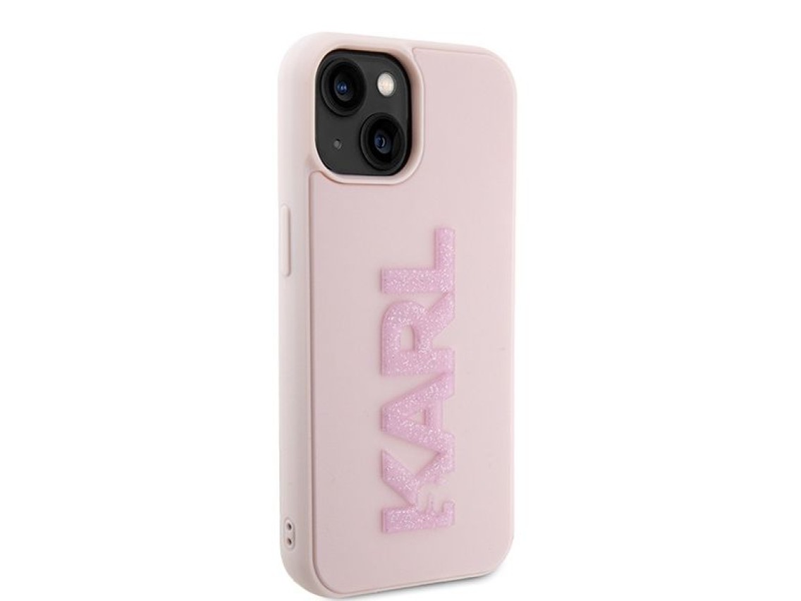 Capa para iPhone 15 Plus com logo Karl Lagerfeld em 3D com glitter - rosa