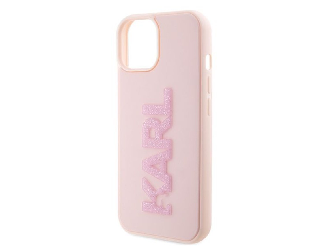 Capa para iPhone 15 Plus com logo Karl Lagerfeld em 3D com glitter - rosa