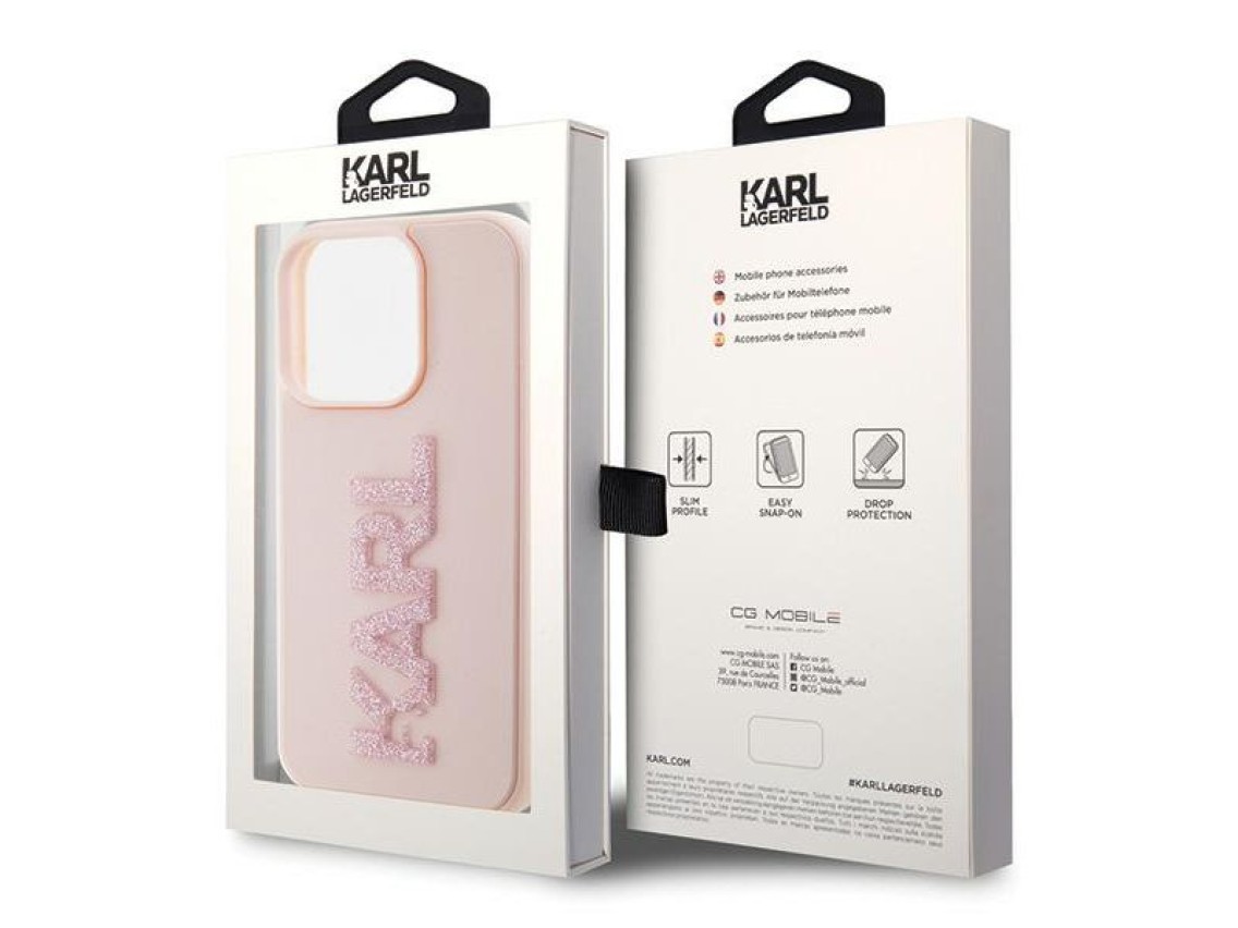 Funda con logo de goma 3D brillante de Karl Lagerfeld para iPhone 15 Pro Max - rosa