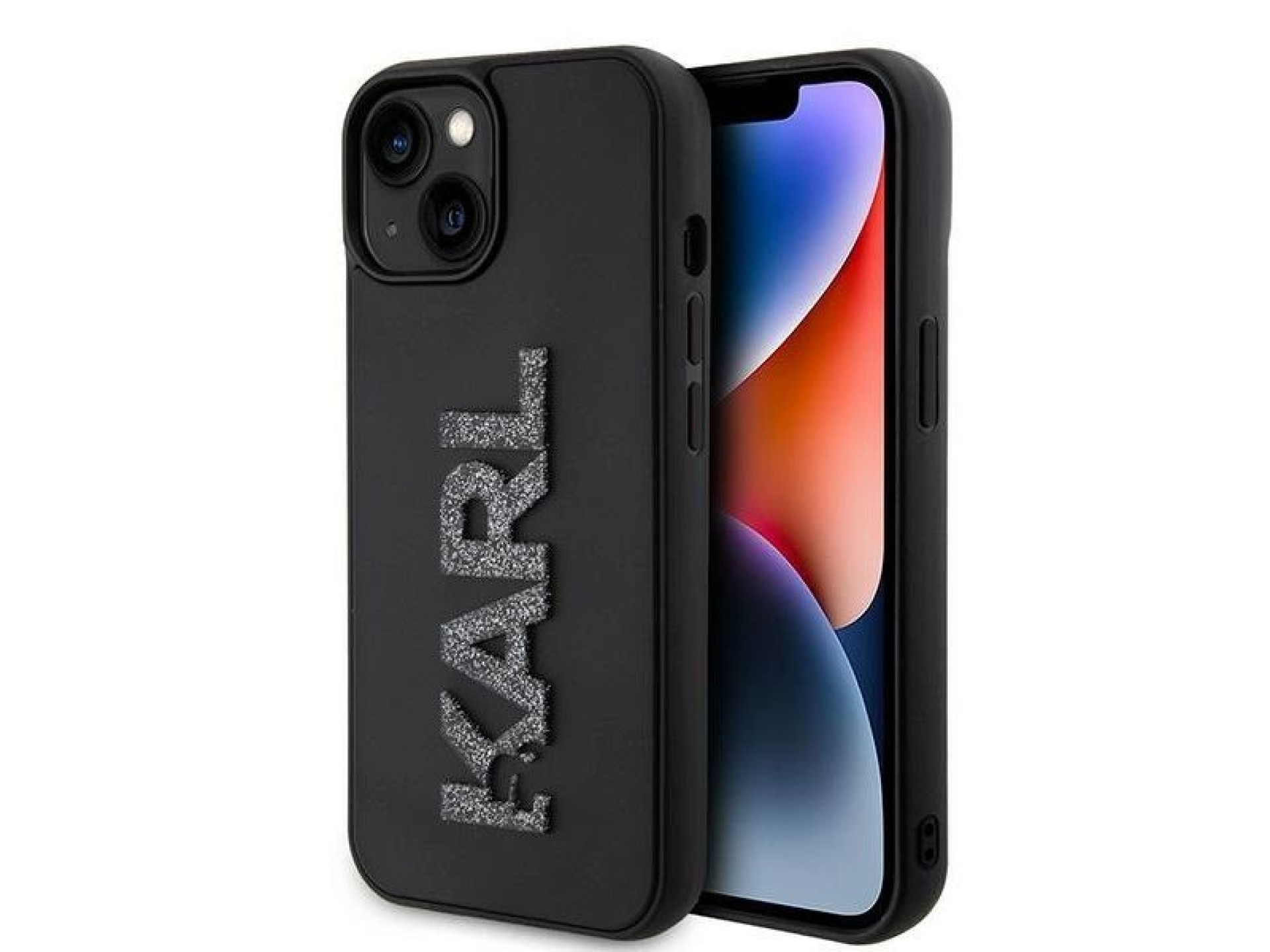 Capa para iPhone 15 com o logotipo Karl Lagerfeld em 3D com glitter e borracha - preta