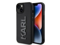 Capa para iPhone 15 com o logotipo Karl Lagerfeld em 3D com glitter e borracha - preta Capa para iPhone 15 com o logotipo Karl Lagerfeld em 3D com glitter e borracha - preta