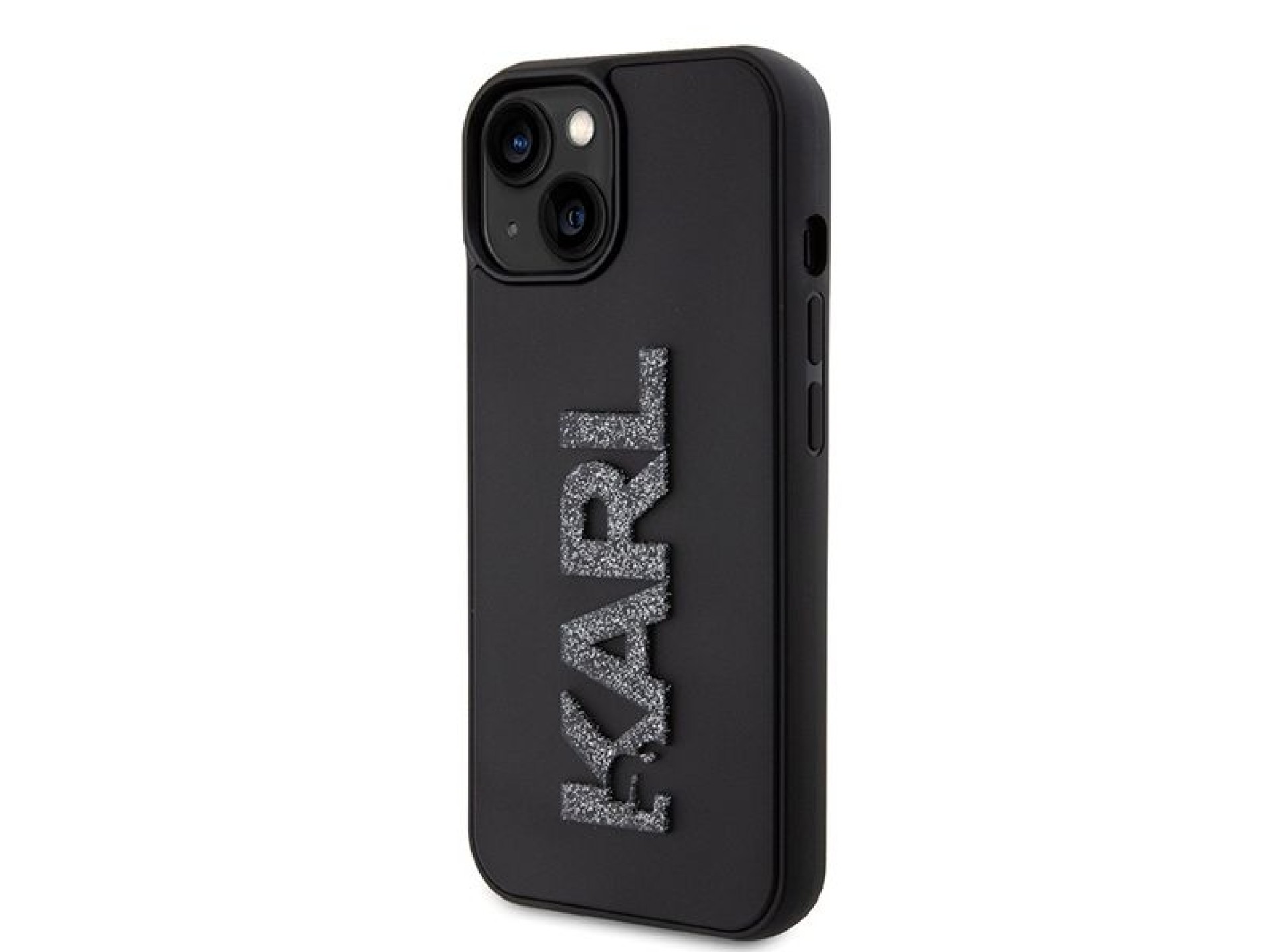 Capa para iPhone 15 com o logotipo Karl Lagerfeld em 3D com glitter e borracha - preta