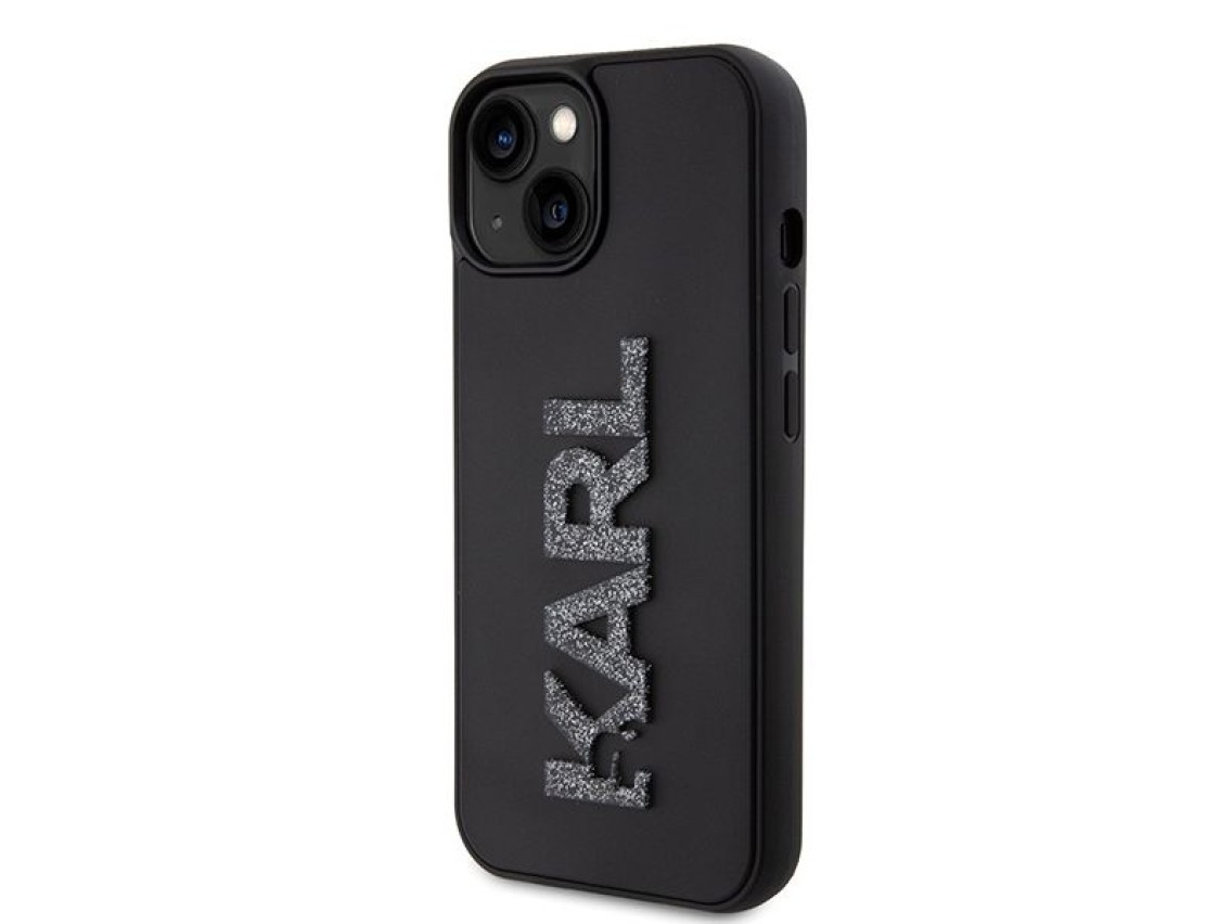 Capa para iPhone 15 com o logotipo Karl Lagerfeld em 3D com glitter e borracha - preta