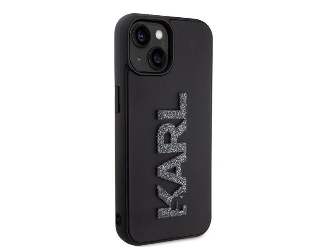 Capa para iPhone 15 com o logotipo Karl Lagerfeld em 3D com glitter e borracha - preta