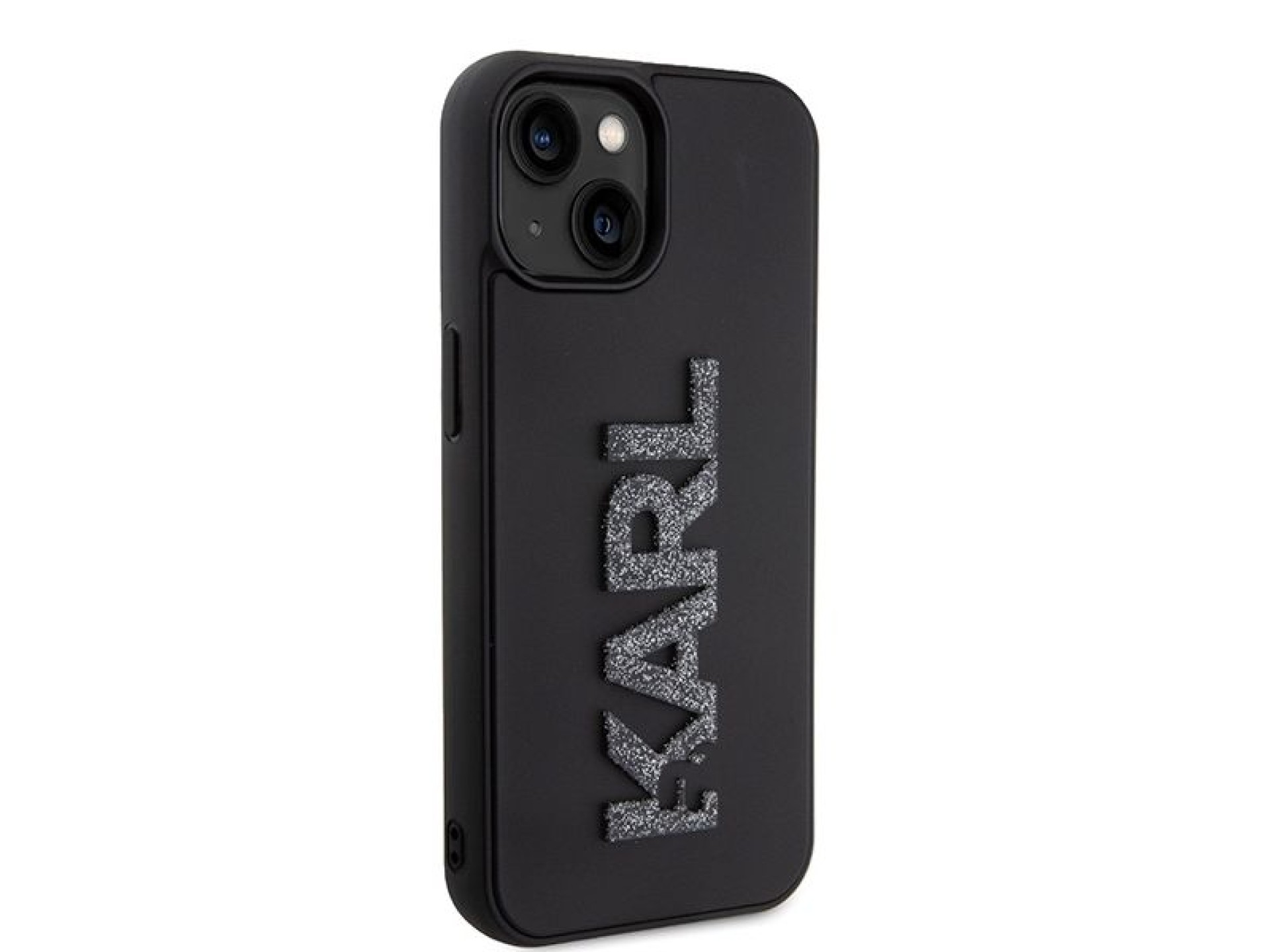Capa para iPhone 15 com o logotipo Karl Lagerfeld em 3D com glitter e borracha - preta