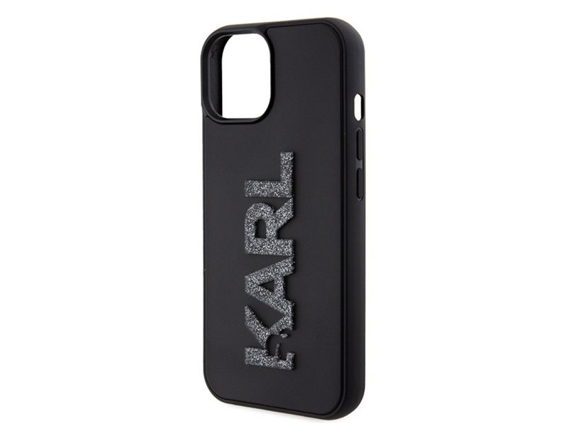 Capa para iPhone 15 com o logotipo Karl Lagerfeld em 3D com glitter e borracha - preta