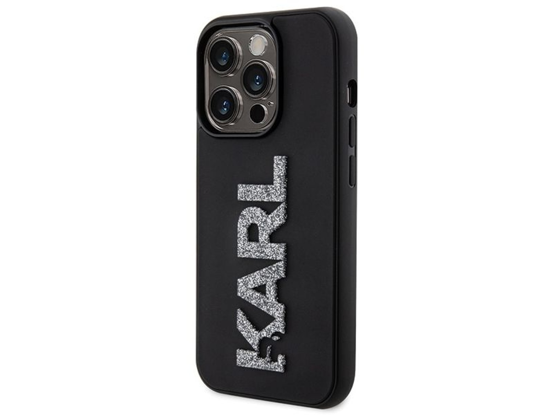 Capa para iPhone 15 Pro com o logotipo Karl Lagerfeld em 3D com glitter e borracha - Preta