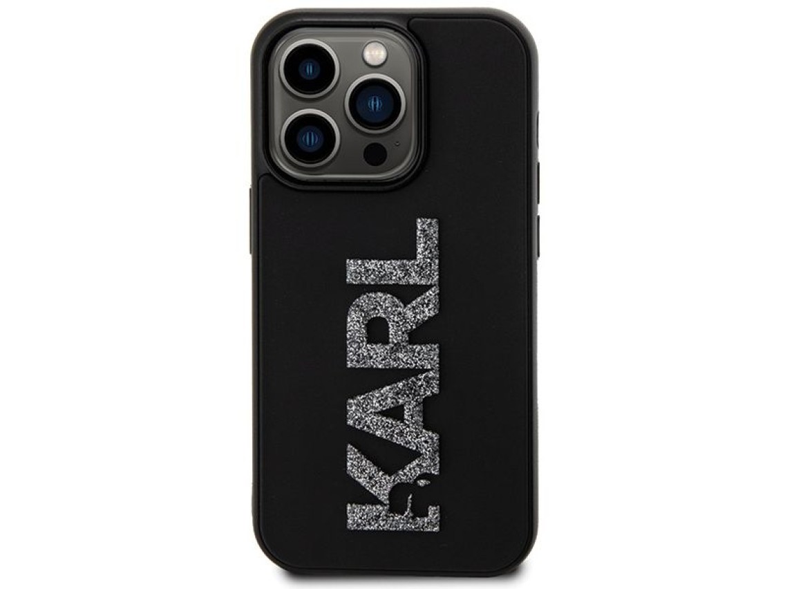 Capa para iPhone 15 Pro com o logotipo Karl Lagerfeld em 3D com glitter e borracha - Preta