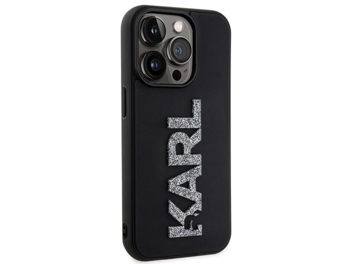 Capa para iPhone 15 Pro com o logotipo Karl Lagerfeld em 3D com glitter e borracha - Preta