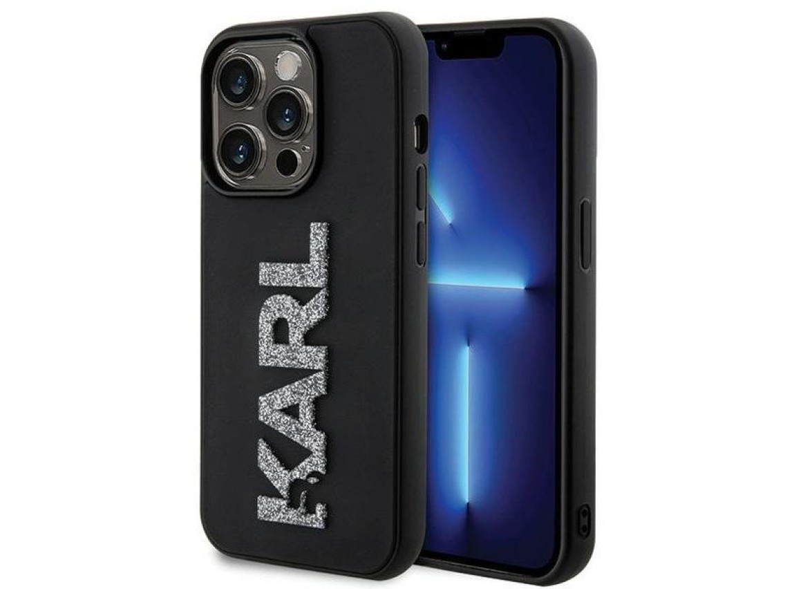 Capa para iPhone 15 Pro Max com logo Karl Lagerfeld em 3D com glitter - preta