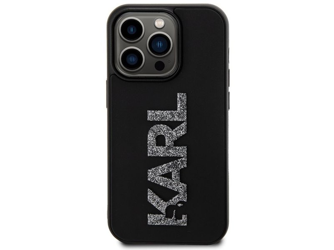 Capa para iPhone 15 Pro Max com logo Karl Lagerfeld em 3D com glitter - preta