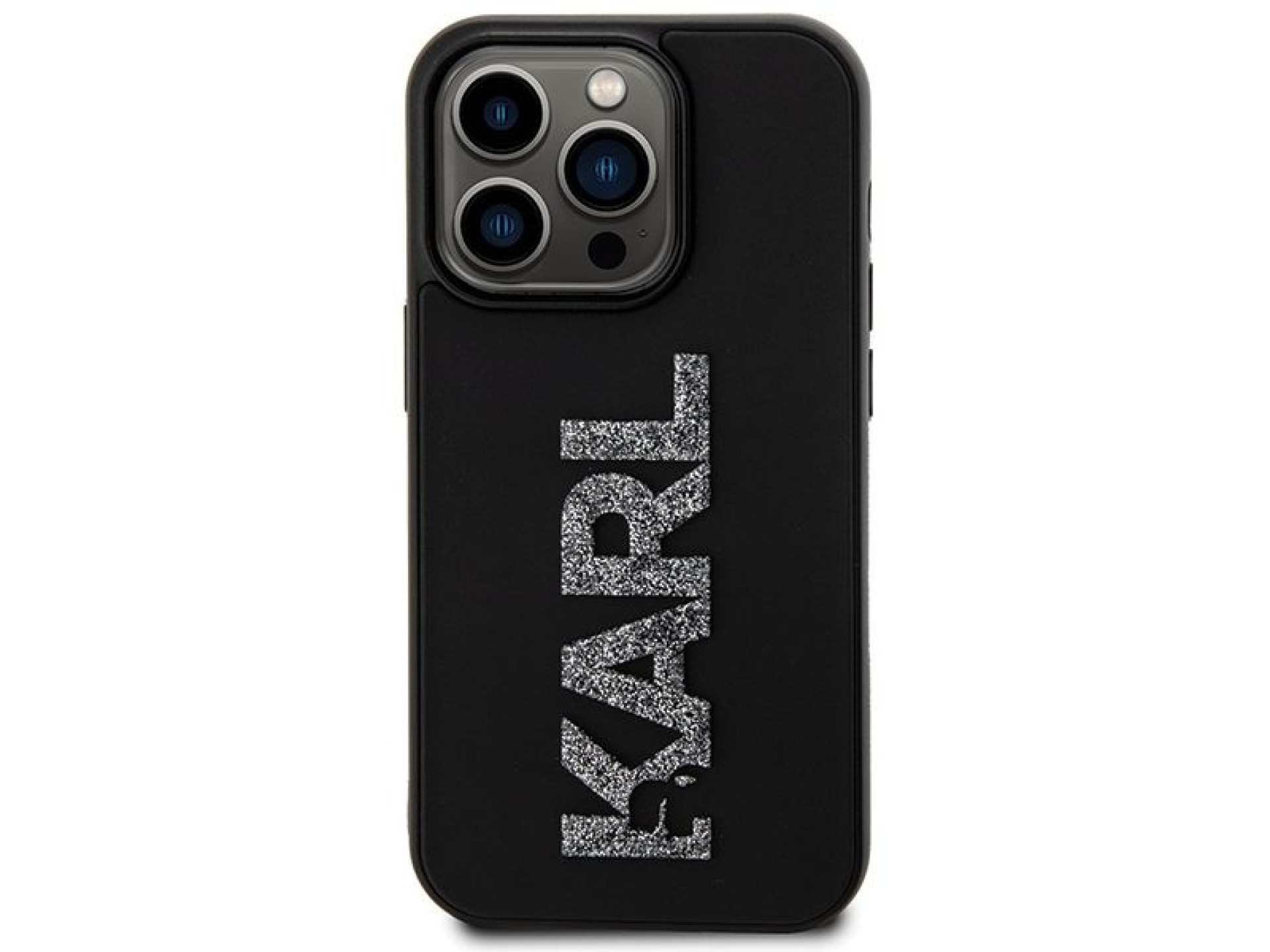 Capa para iPhone 15 Pro Max com logo Karl Lagerfeld em 3D com glitter - preta