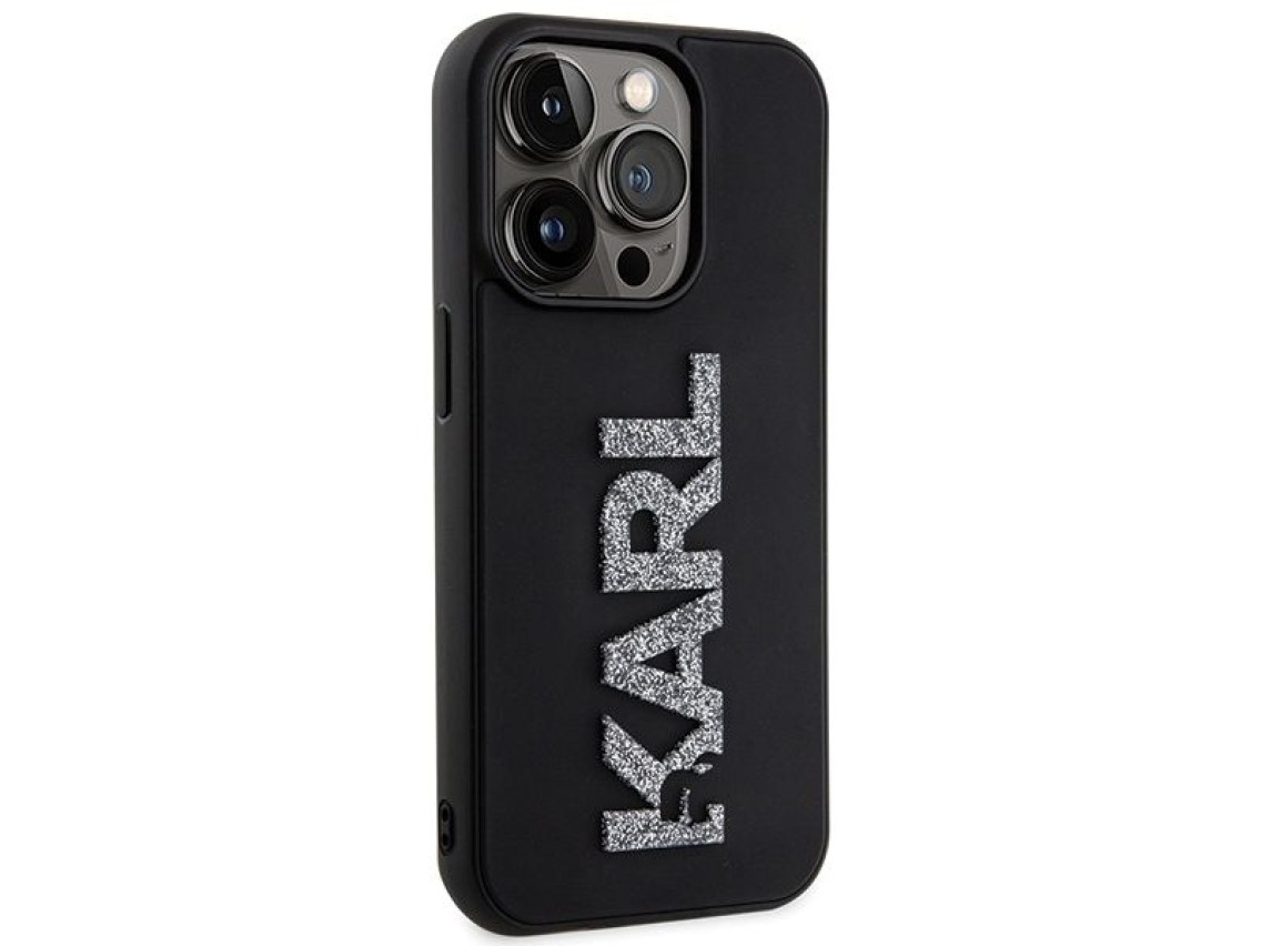 Capa para iPhone 15 Pro Max com logo Karl Lagerfeld em 3D com glitter - preta