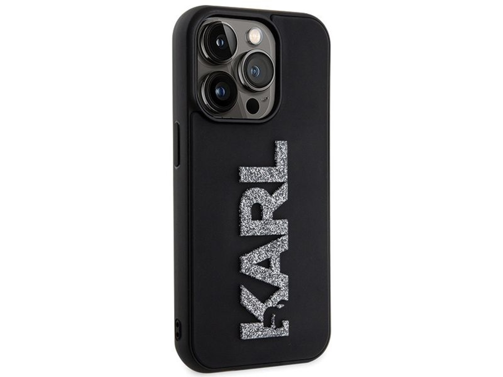 Capa para iPhone 15 Pro Max com logo Karl Lagerfeld em 3D com glitter - preta