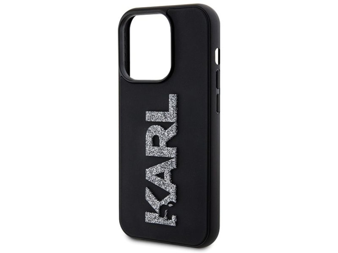 Capa para iPhone 15 Pro Max com logo Karl Lagerfeld em 3D com glitter - preta