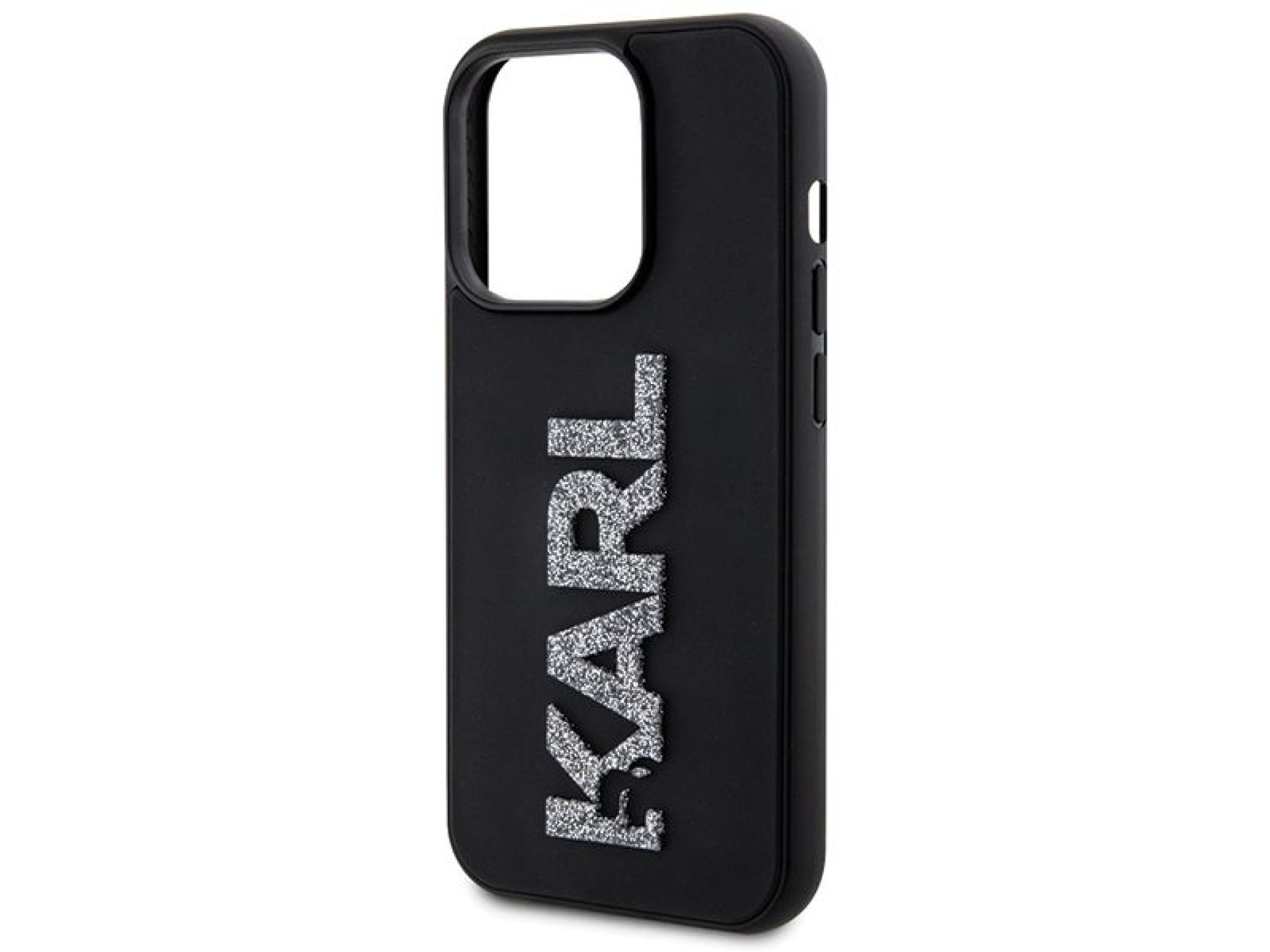 Capa para iPhone 15 Pro Max com logo Karl Lagerfeld em 3D com glitter - preta