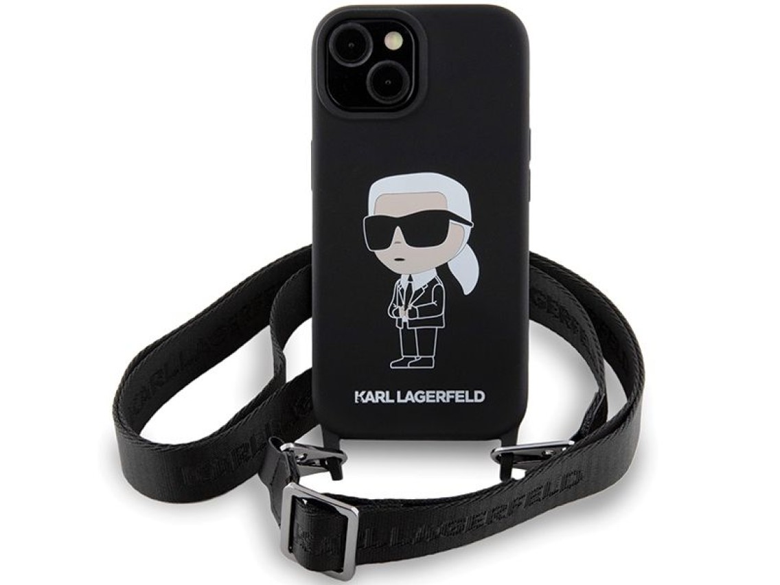 Capa rígida Karl Lagerfeld KLHCP15SSCBSKNK para iPhone 15 de 6,1 polegadas, preta/preta, transversal