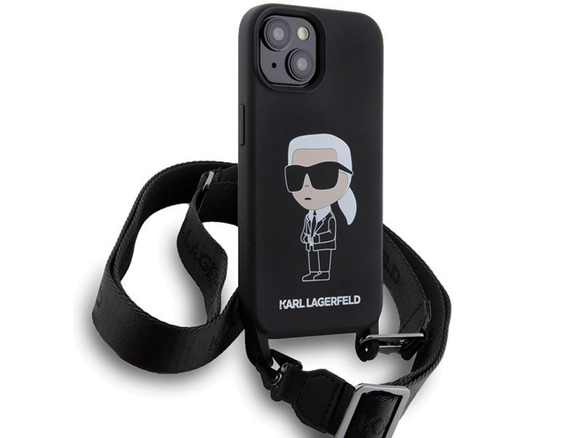 Capa rígida Karl Lagerfeld KLHCP15SSCBSKNK para iPhone 15 de 6,1 polegadas, preta/preta, transversal
