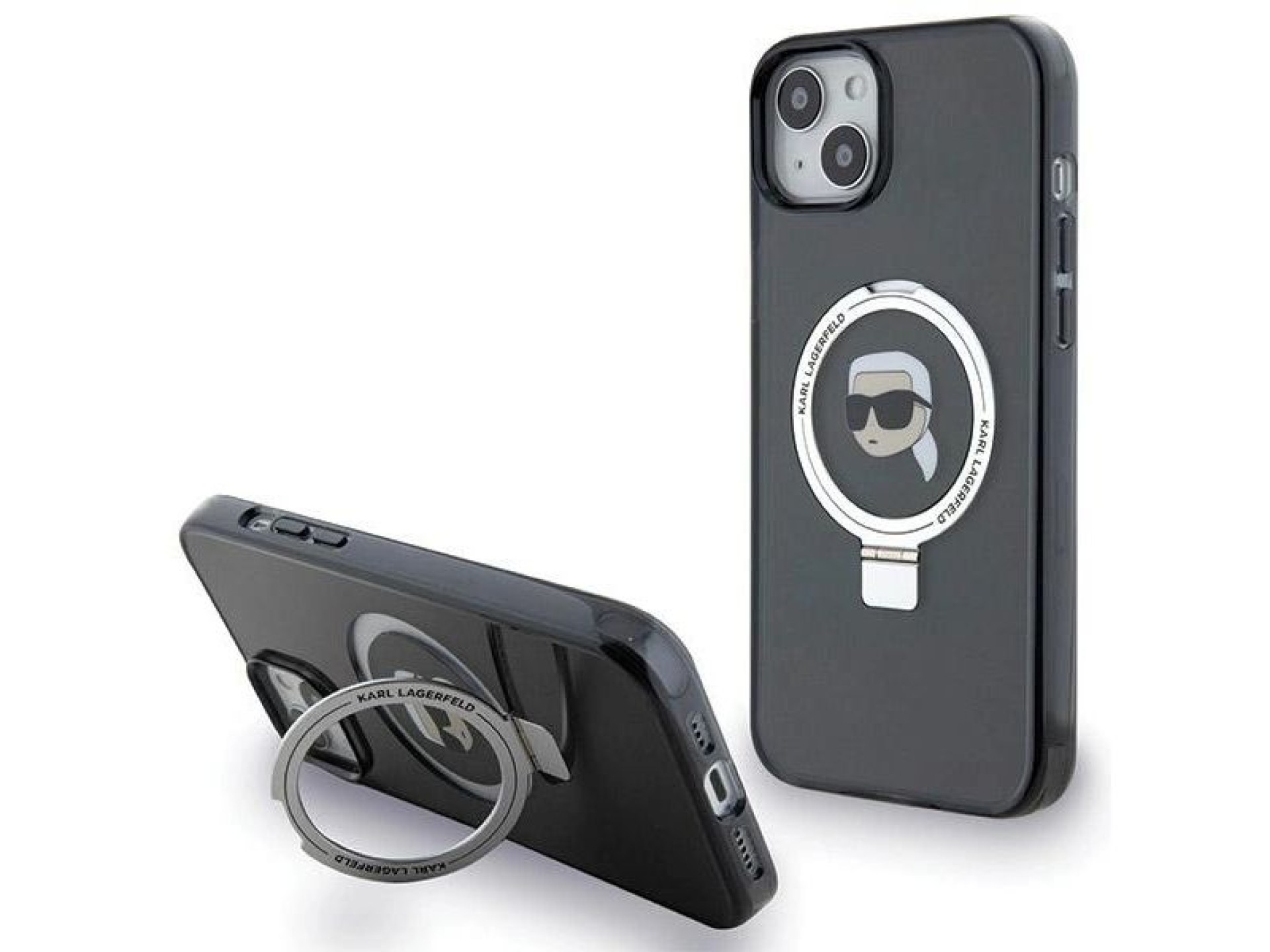 Capa rígida preta/preta Karl Lagerfeld KLHMP15SHMRSKHK para iPhone 15 de 6,1 polegadas com suporte d
