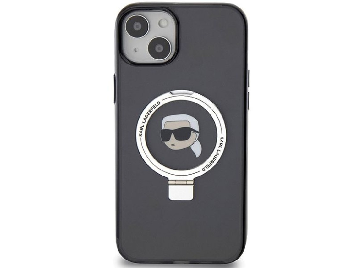 Capa rígida preta/preta Karl Lagerfeld KLHMP15SHMRSKHK para iPhone 15 de 6,1 polegadas com suporte d