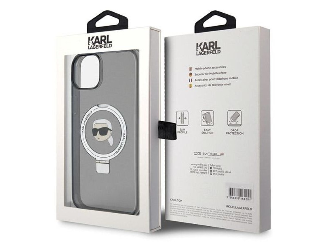 Capa MagSafe Karl Lagerfeld Ring Stand Karl Head para iPhone 15 Plus / 14 Plus - Preta