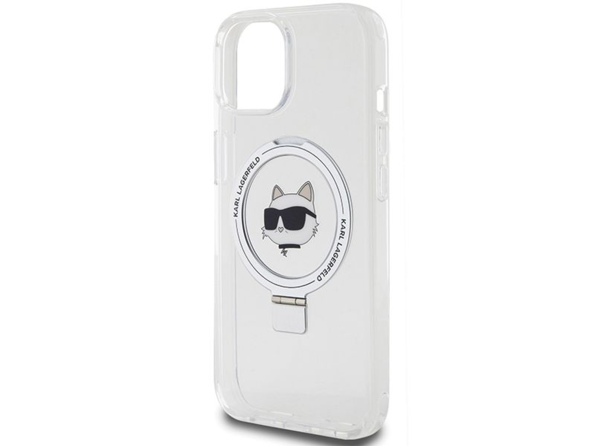 Capa rígida branca/branca Karl Lagerfeld KLHMP15SHMRSCHH para iPhone 15 de 6,1 polegadas com suporte