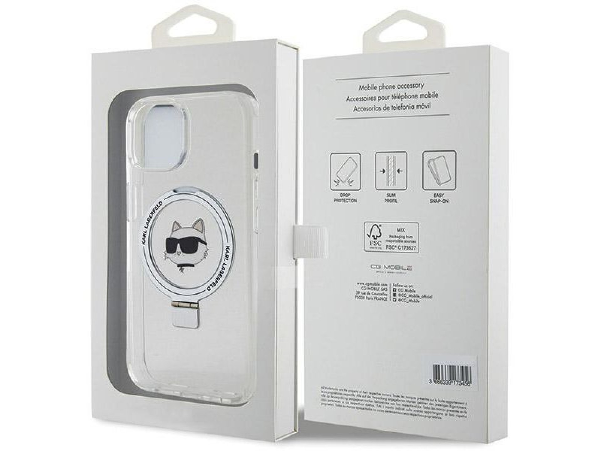 Capa rígida branca/branca Karl Lagerfeld KLHMP15SHMRSCHH para iPhone 15 de 6,1 polegadas com suporte