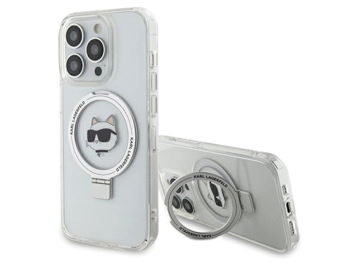 Capa rígida branca/branca Karl Lagerfeld KLHMP15XHMRSCHH para iPhone 15 Pro Max 6.7" com suporte de