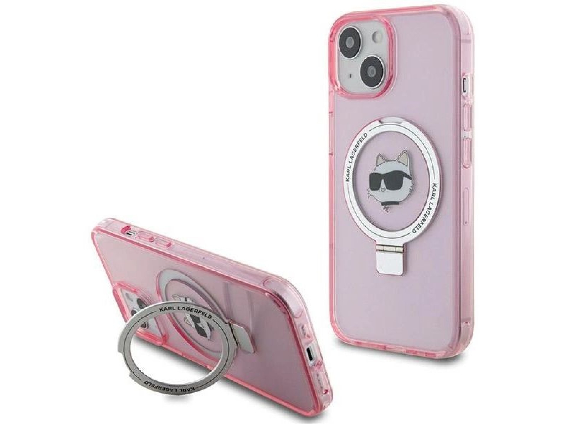Capa rígida rosa/rosa Karl Lagerfeld KLHMP15SHMRSCHP para iPhone 15 de 6,1 polegadas com suporte de