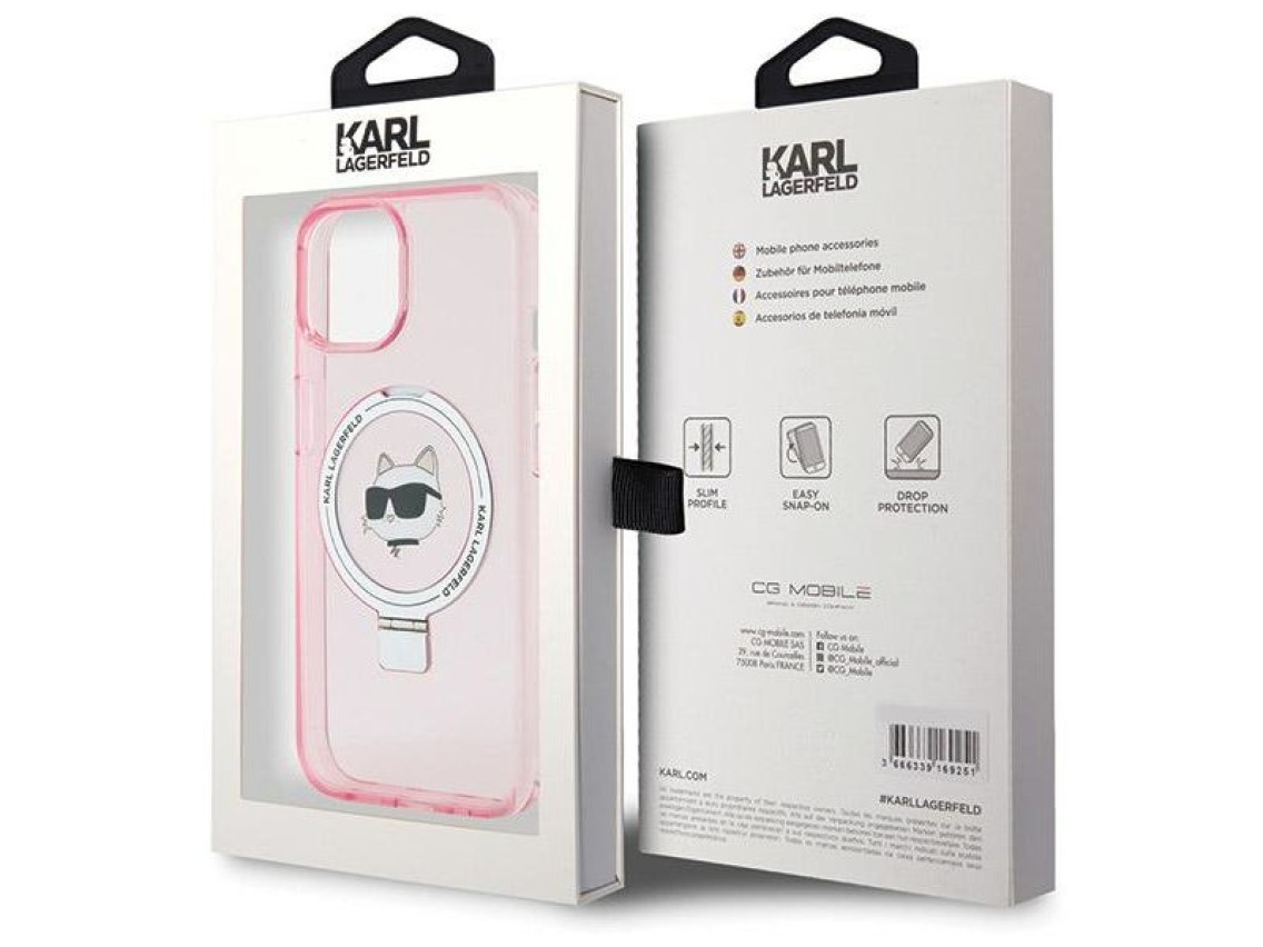 Capa rígida rosa/rosa Karl Lagerfeld KLHMP15SHMRSCHP para iPhone 15 de 6,1 polegadas com suporte de